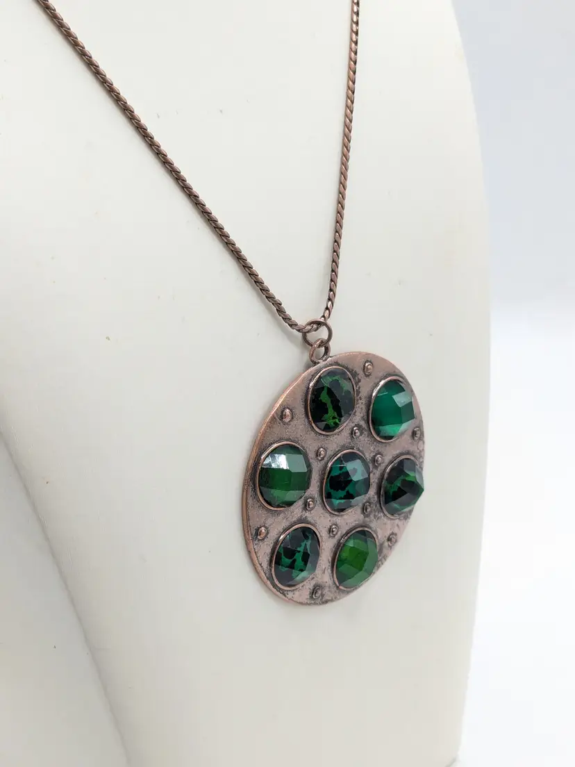 Copper Tone Emerald Green Glass Cabochon Medallion Necklace NWOT