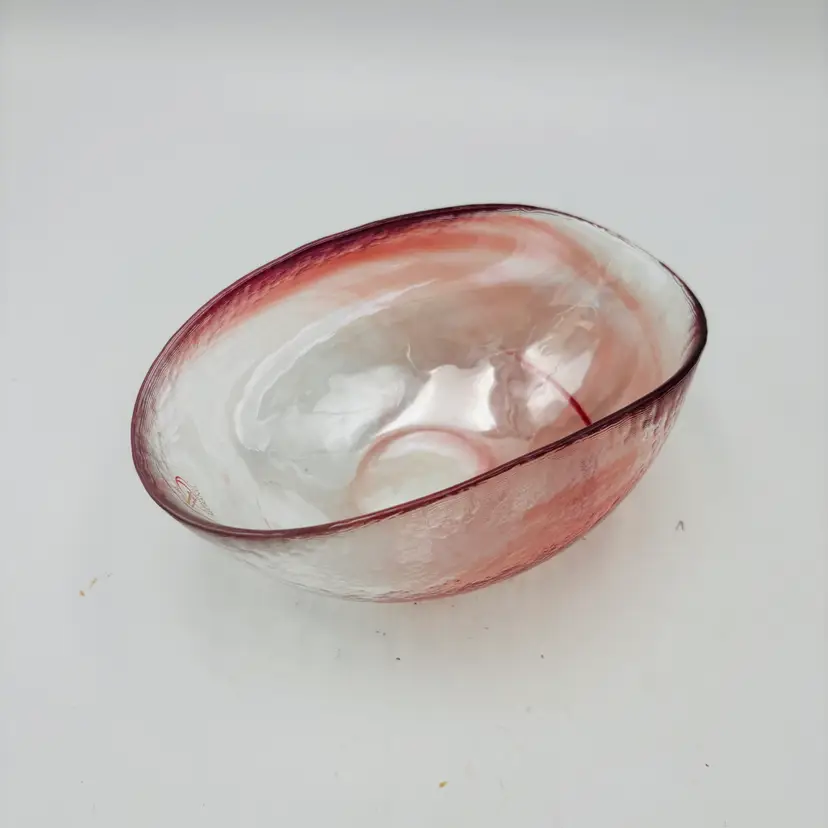 Signed Yalos Murano Pink Clear Hand Blown Glass Swirl Shell Folded Bowl