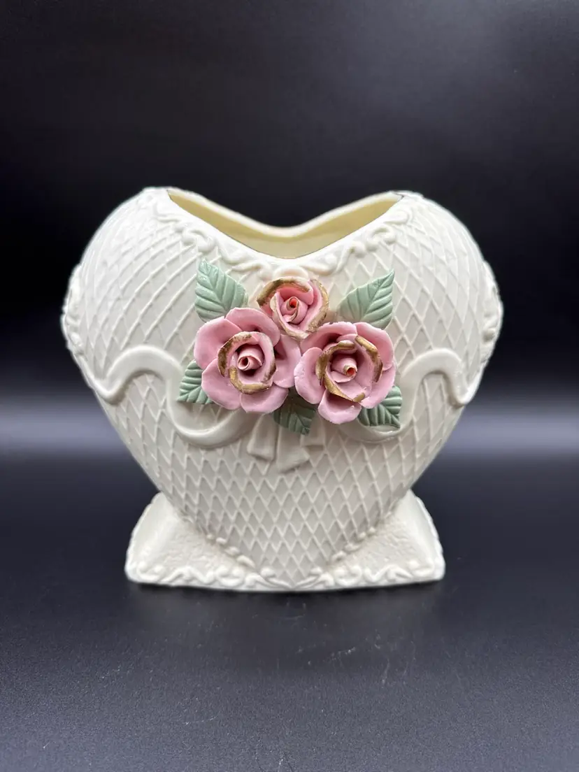 World Bazaar Crown Accents 8" Ceramic Heart Shaped Vase Applied Roses
