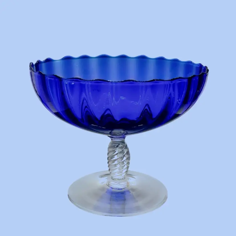 #002- Art Glass Vase Compote Blown Optic Glass Cobalt Twist Stem Scalloped Edge 7”