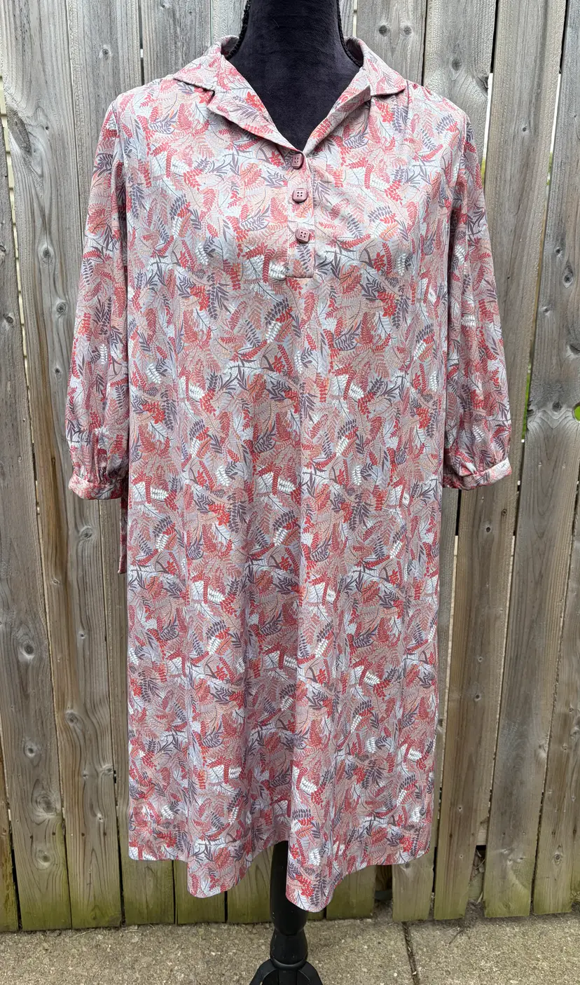 Vintage Handmade Fern Leaves Design Polyester Dress X Large
