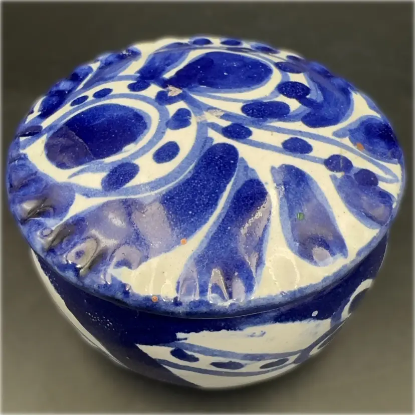 Mexican Potter Lidded Blue Floral Trinket Box.