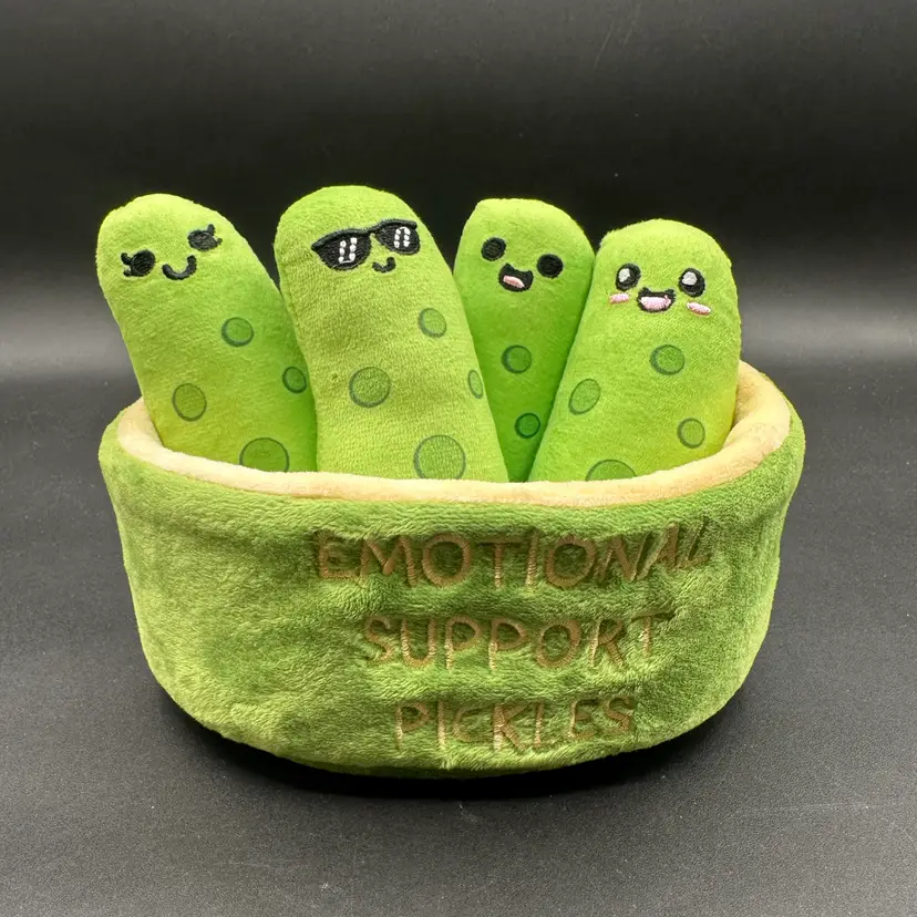 Emotional Support Pickles Plushie, Relatable Brand, 6”W 5”T Set Of 4 Pickles + Basket
