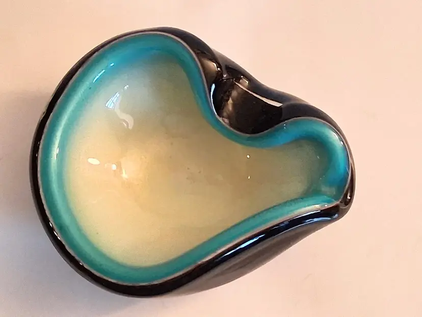 Vintage MCM Alfredo Barbini, Murano, Black, Turquoise & Ivory, With Gold Aventurine, Biomorphic Art Glass Ashtray / Dish / Bowl