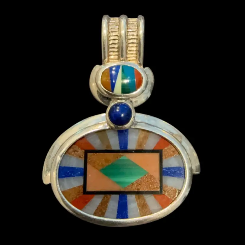 Vintage Whitney Kelly WK Southwest Designer Sterling Silver Multi Stone Inlay Pendant Movable Bale 1.50”