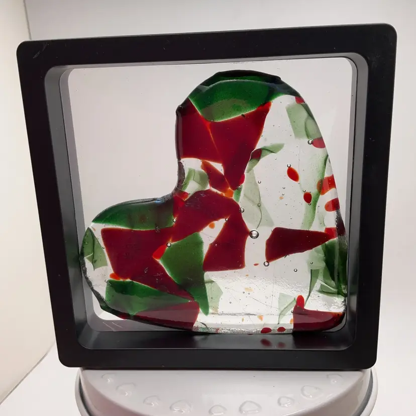 Made by Me! Christmas Fused Glass Framed Scrap Heart 4.5” Handcrafted Studio Art