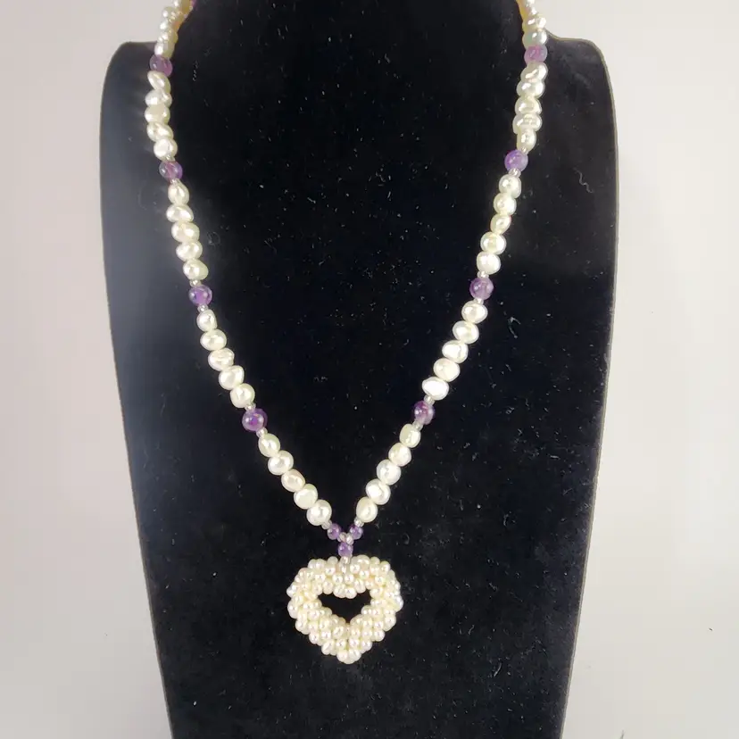 Freshwater Pearl & Purple Amethyst Bead Necklace w Heart Pendant - Lee Sands Jewelry + Gift Box