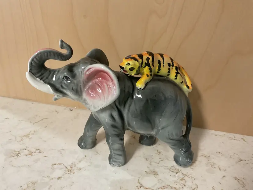 Vintage Ceramic Elephant with a tiger on his back. Made in Japan.