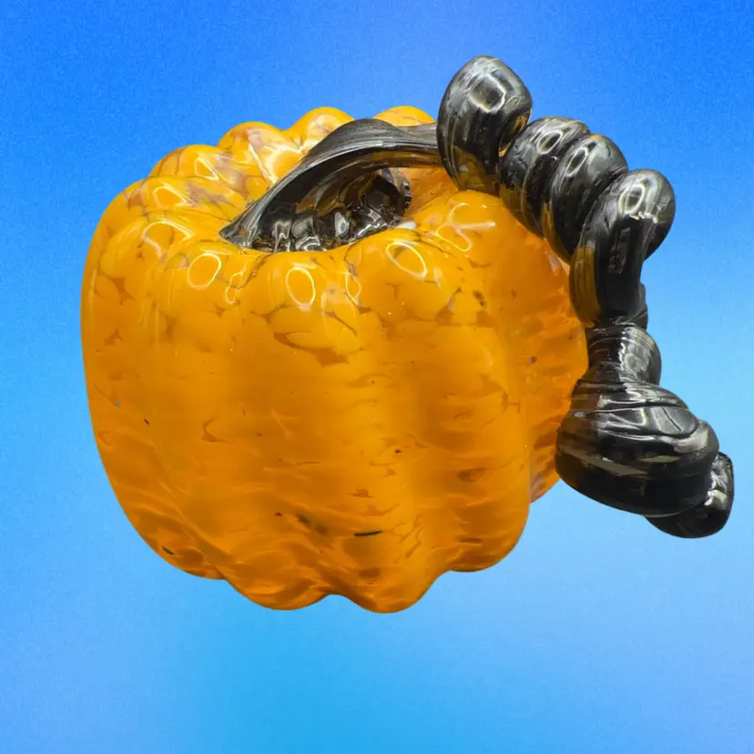 Hand Blown Art Glass Pumpkin Orange With Black Curly Stem Paperweight? Fall decor, heavy, Rough Bottom