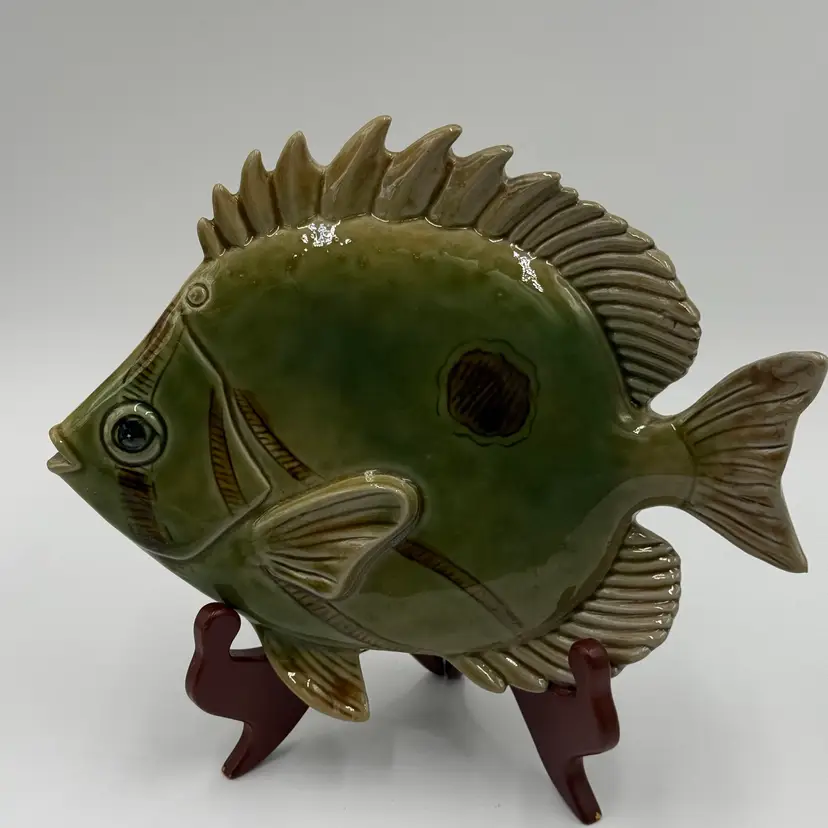 Stoneware Pottery Fish Plaque Art Wall Olive Green Tan 10 Inch Nautical Decor