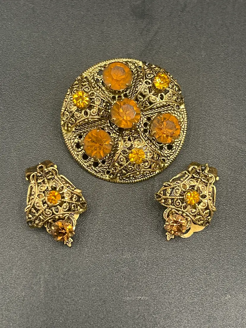 Vintage Czech Filigree Brooch With Matching Clip On Earrings