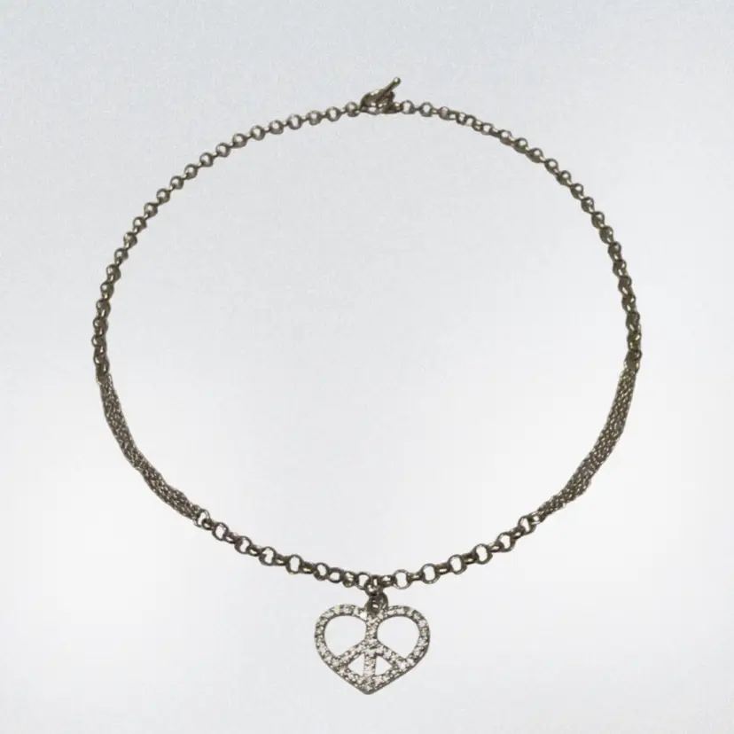Rhodium Plated 925 Sterling Silver Double Chain Heart Peace CZ Necklace, 18”