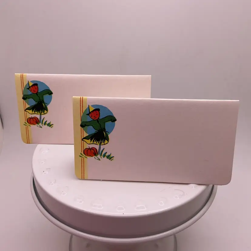 PP4 VTG  Halloween Scarecrow Place Cards Lot of 2 A-Meri-Card 3.25" x 1.75" Halloween