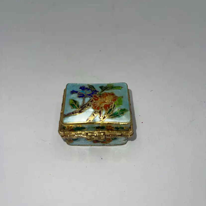 03-cloisonné And Enamel Square Trinket Box 1 1/2 Inches Blue Base Color Of A Floral Design