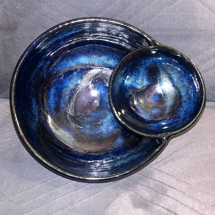 Studio Pottery Art Chip & Dip Bowl Blue & Purple Galaxy Reactive Glaze Signed