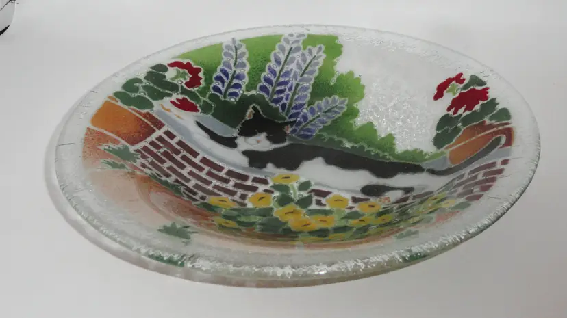 Peggy Karr Fused Glass Bowl ~ Tuxedo Cat Lounging on Wall ~ Spring Flowers ~ Signed