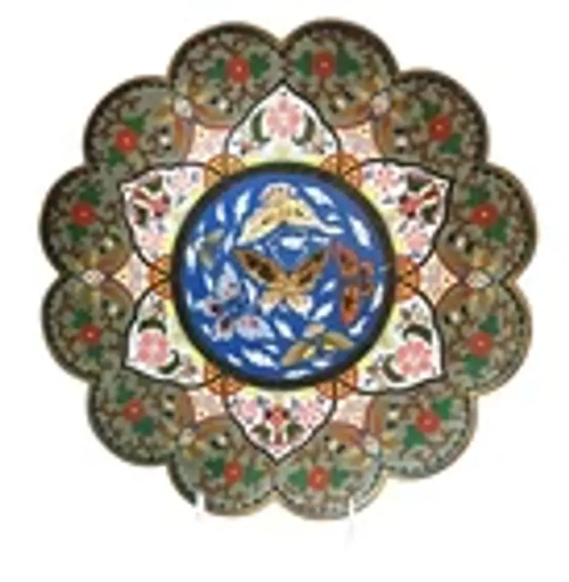 Japanese Cloisonné Charger Plate 12" Butterflies Moths Flowers Multicolor
