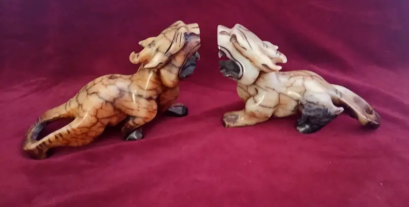 Pair Vintage Chinese Soapstone Foo Dogs Fu Lions Pixiu Statues 6" Hand Carved Tan