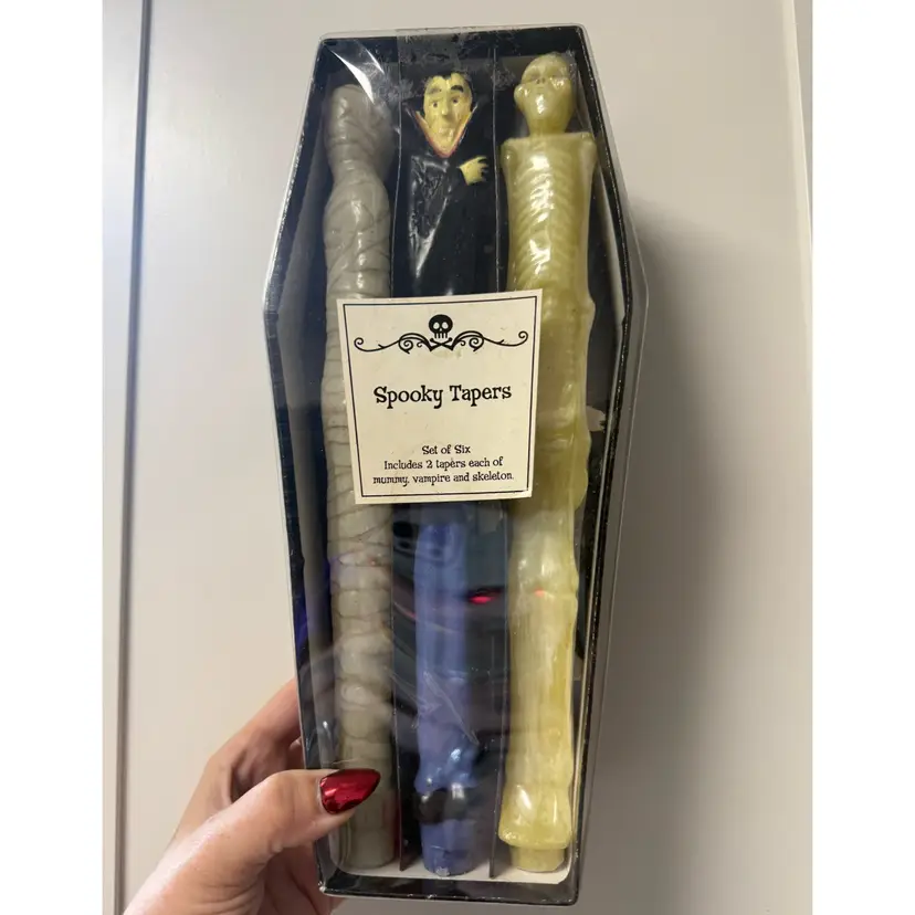 NOS Spooky Vintage Taper Candles Dracula Mummy Skeleton Set Of Six In Coffin 8.5”