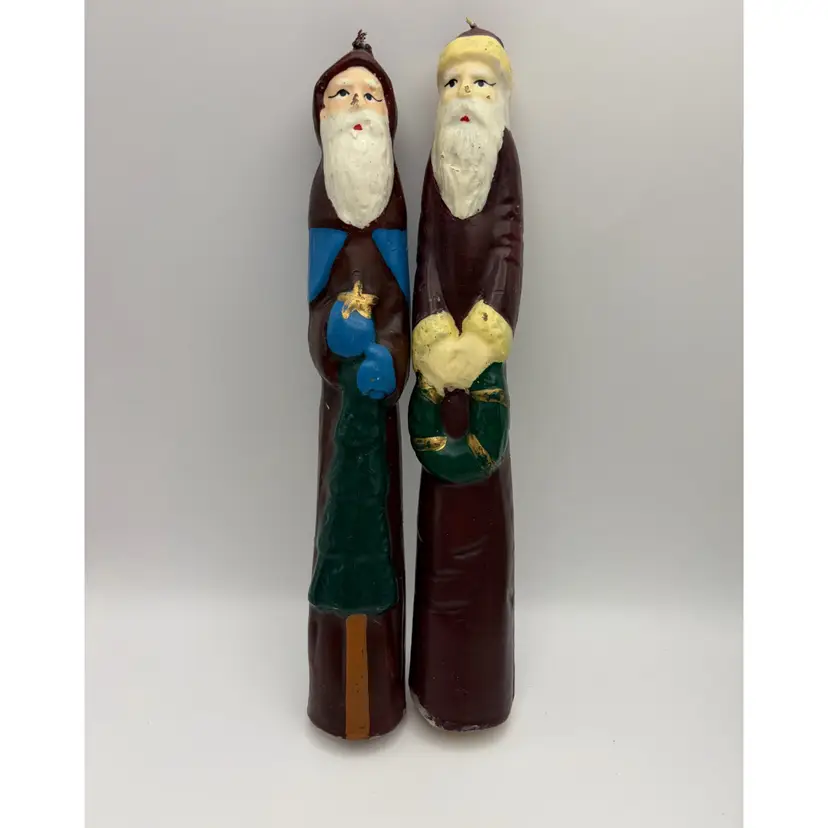 Vintage Old World Santa Wax Candlesticks Taper Christmas Primitive Holiday