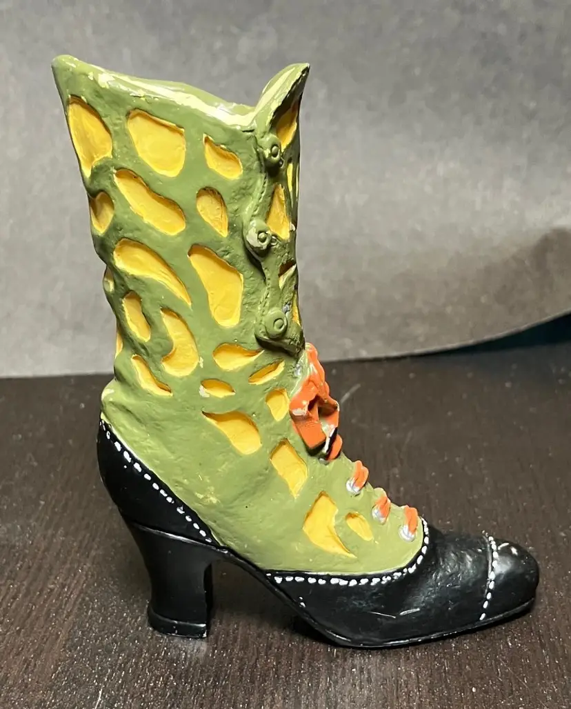 VTG Decorative Miniature Resin Collectible Victorian Shoe Boot Figurine Green Yellow