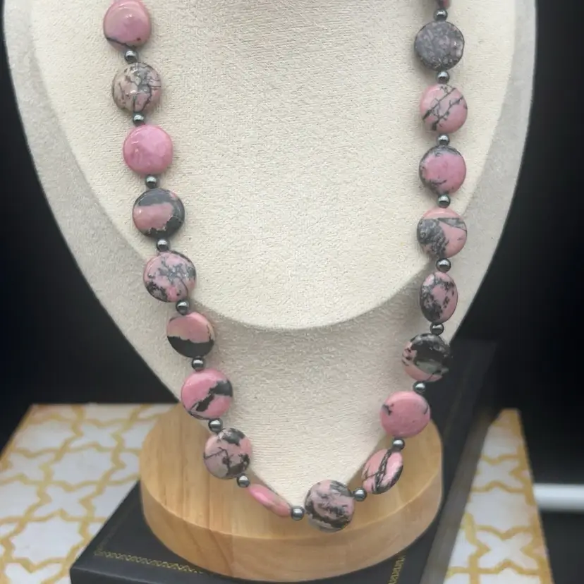 #01 20” Rhodonite Gemstone Beaded Necklace Sterling Silver 925 Findings Pink Black Stone