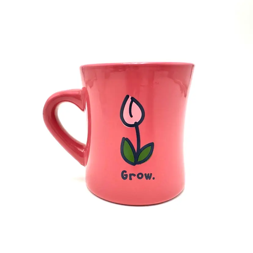 Life Is Good Pink Tulip Grow Ceramic Coffee Mug 4.5”W X 4”H