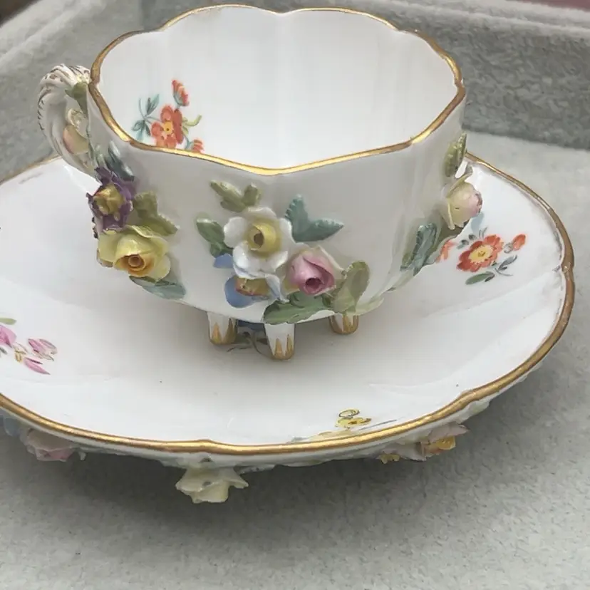 #01 Vintage Dresden-Style Footed Cup & Saucer Applied Porcelain Flowers Gold Trim