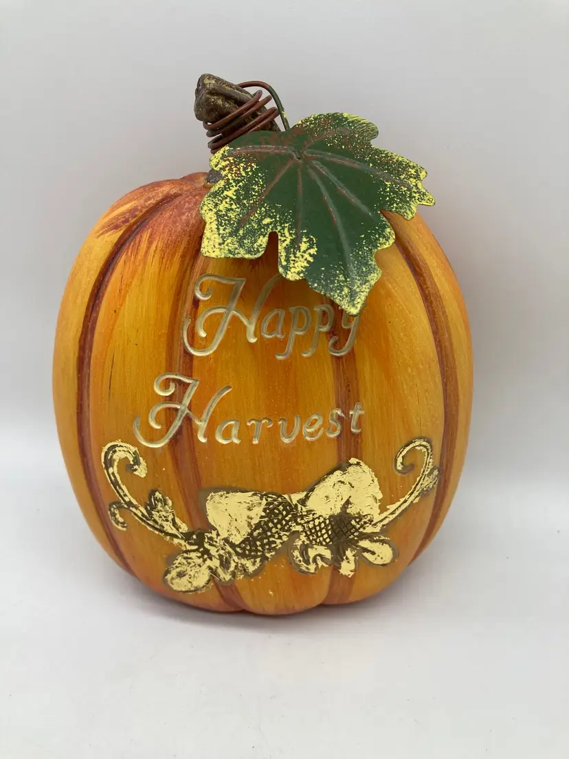 Resin Tall Pumpkin, 'Happy Harvest' in Gold, Metal Leaf