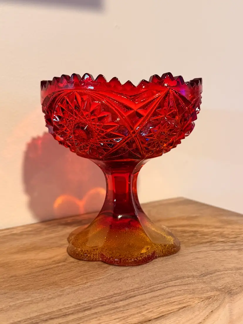 Vintage Amberina Uranium Glass Compote Kemple Wheaton Starburst Red Amber Pedestal Candy Dish UV Reactive 5 Inch