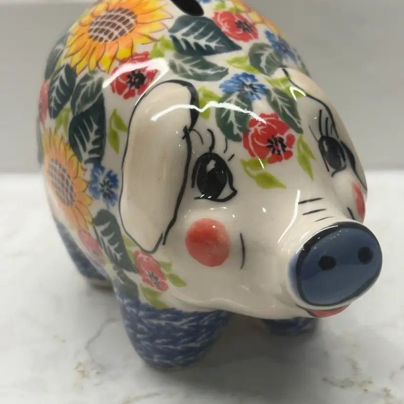 Kalich Polish Pottery Piggy Bank Sunflower UNIKAT Boleslawiec No Stopper 5"