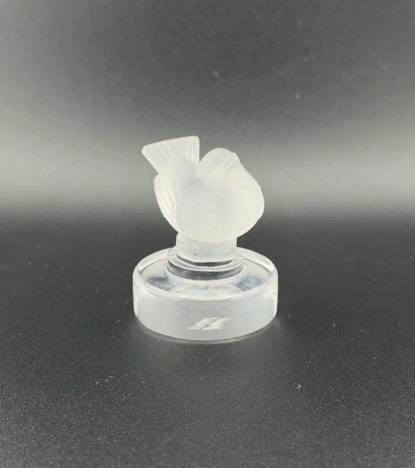 Tiny Lalique France Satin Glass Bird on Clear Glass Pedestal Base 2”x 2.5”