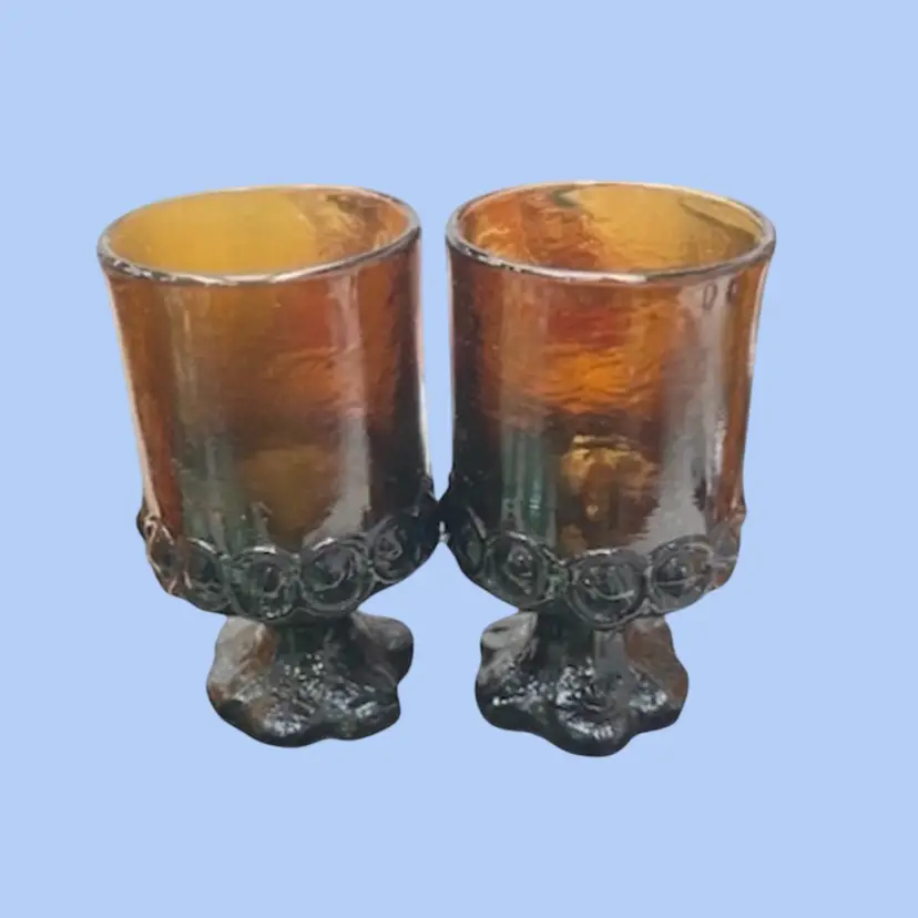 #334- Vintage Amber Glass Wine Water Juice Goblets Set of 2