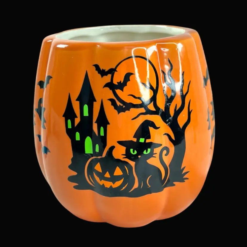 Spooky Castle & Black Cat Halloween 🎃 Decal on Royal Norfolk Orange Ceramic Mug Cup