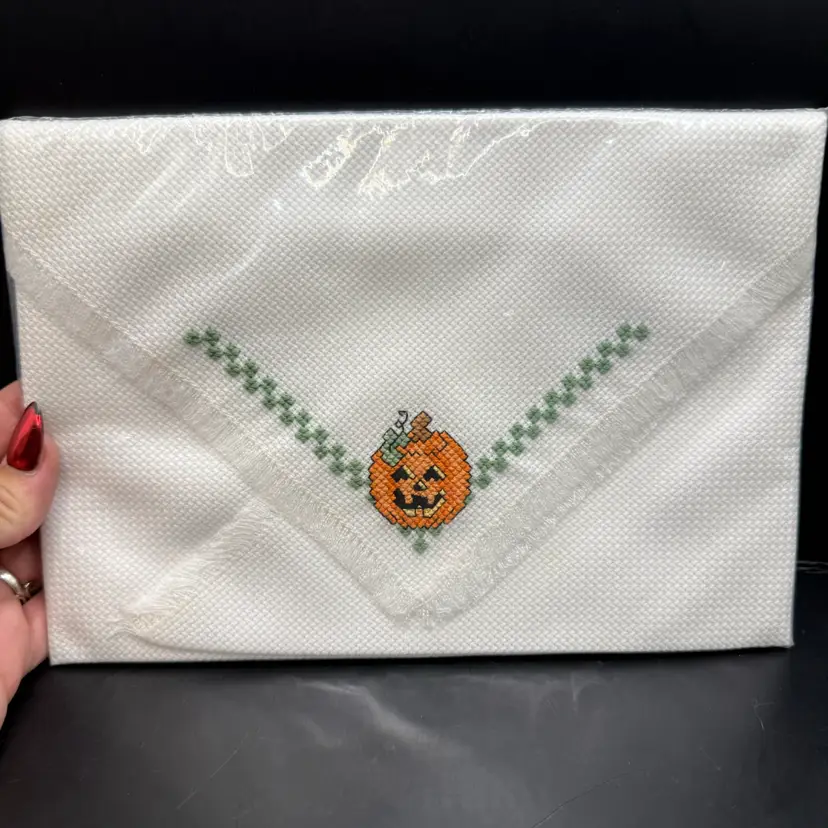 Hand Made Needle Point Jack-o’-lantern Halloween Bread Cloth