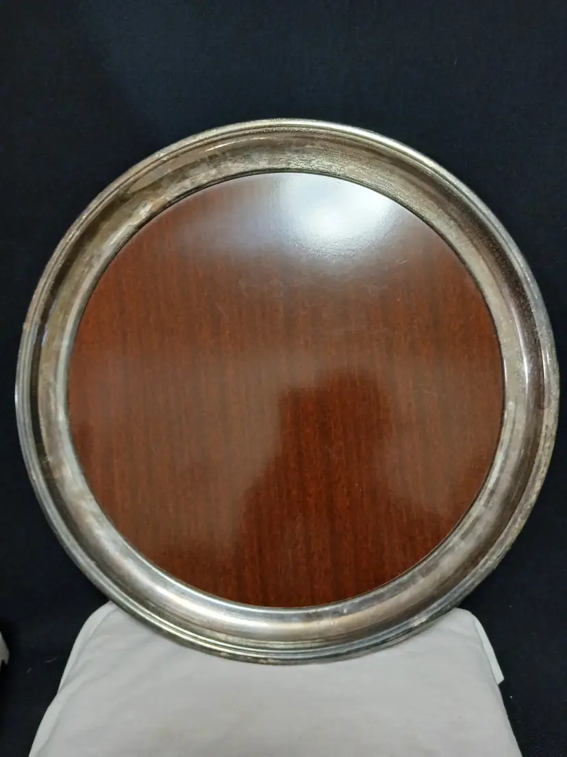Crescent Serving Cocktail Tray Silverplate Wood Grain Formica MCM