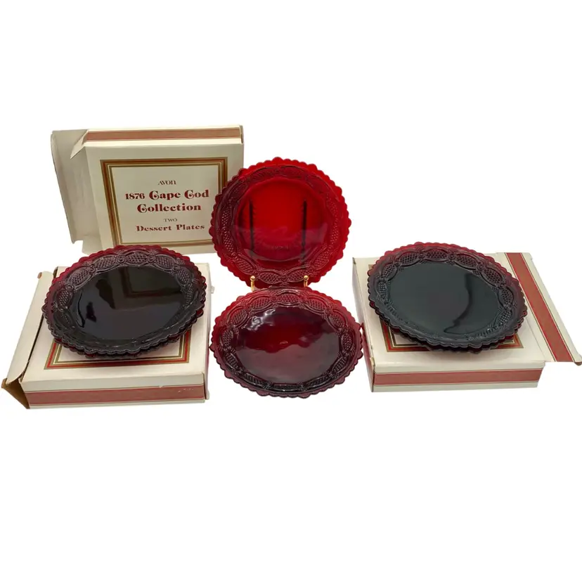6 - Vintage Avon 1876 Cape Cod Ruby Red Glass Dessert Plates, Boxed (2 per box)