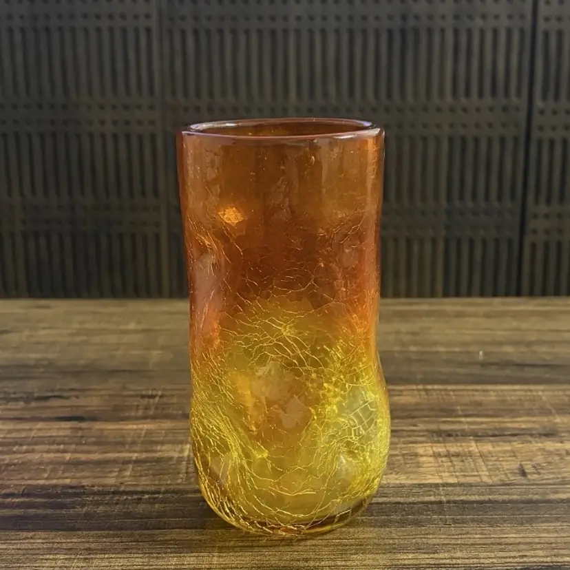 Vintage Blenko Amberina Crackle Glass Dimpled Tumbler 6.25” MCM Art Glass