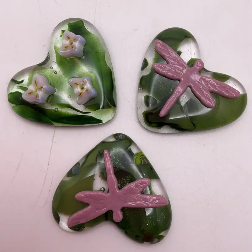 Made by Me! Fused Glass Heart 3D Mauve Dragonfly or Butterflies on Green Adventurine 2" Handcrafted Studio Art