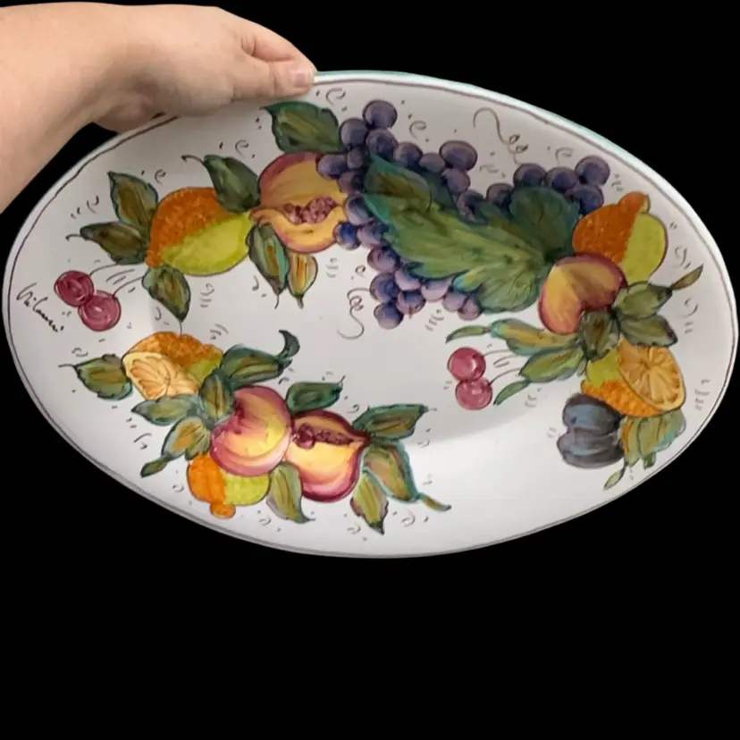 Ceramic Hand Painted Fruit  Italian Oval Platter Signed By Artist