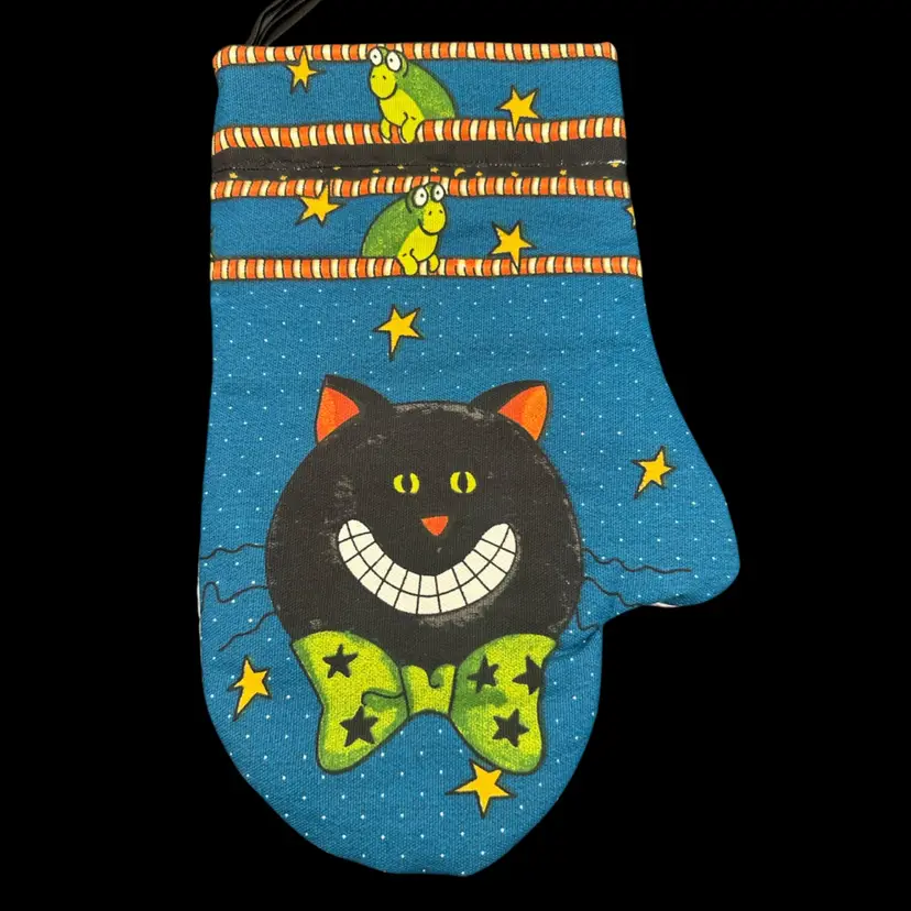 🧡Smiling Black Cat + Frogs Teal Blue Handcrafted Oven Mitt 12”L 6”W