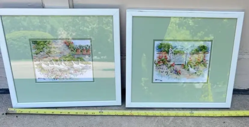 Pair of Framed Needlepoint/Cross-stitch, White Frames, Light Green Mats, Geese & Flowers