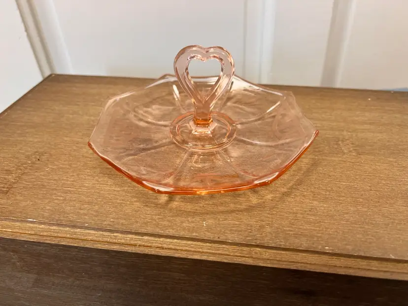 Pink Glass Heart Handle Serving Tray Vintage Collectible