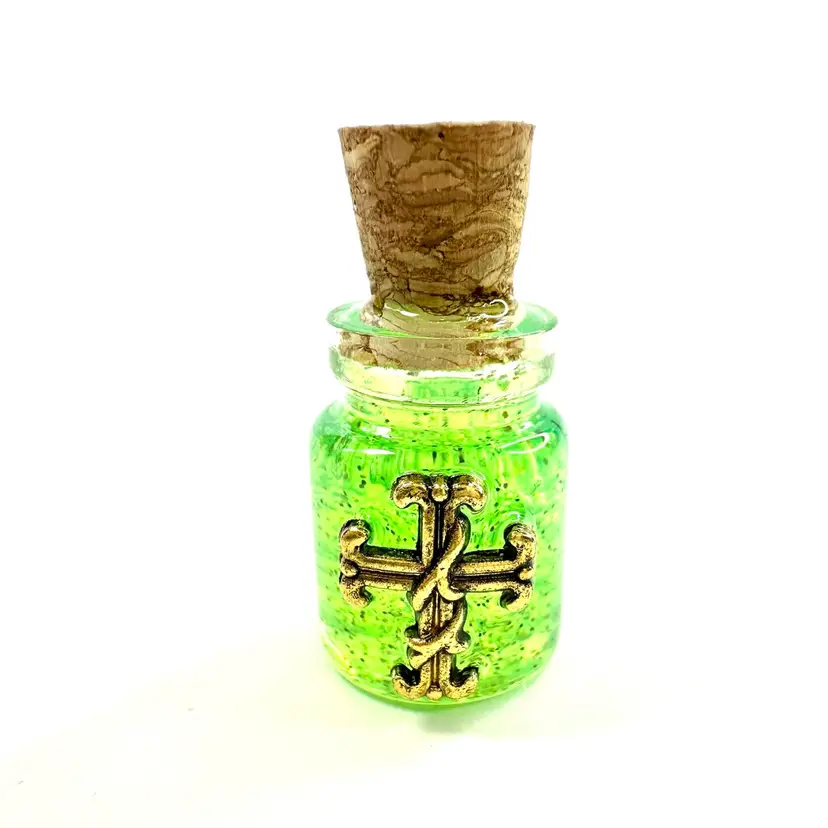 Magic Pickle Potion Cross Miniature Glass Bottle Glows Made By Me 1.25” H X .5” W