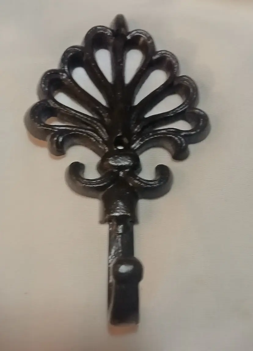 Vintage Cast Iron Wall Hook Fleur De Lis Peacock Fan Ornate French Coat Towel Hook