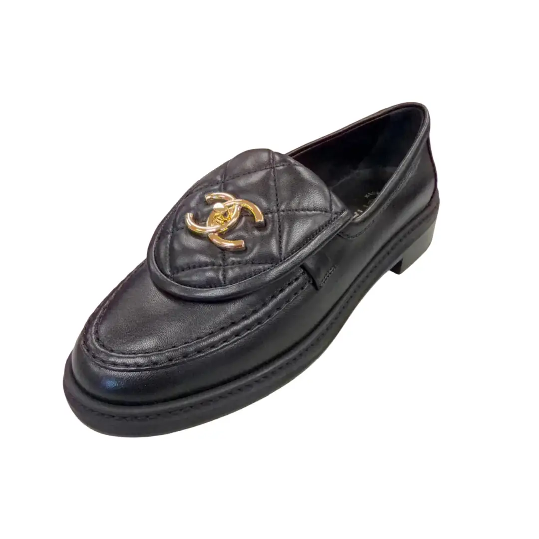 Chanel Black Lambskin Quilted CC Turnlock Loafers Sz 36.5