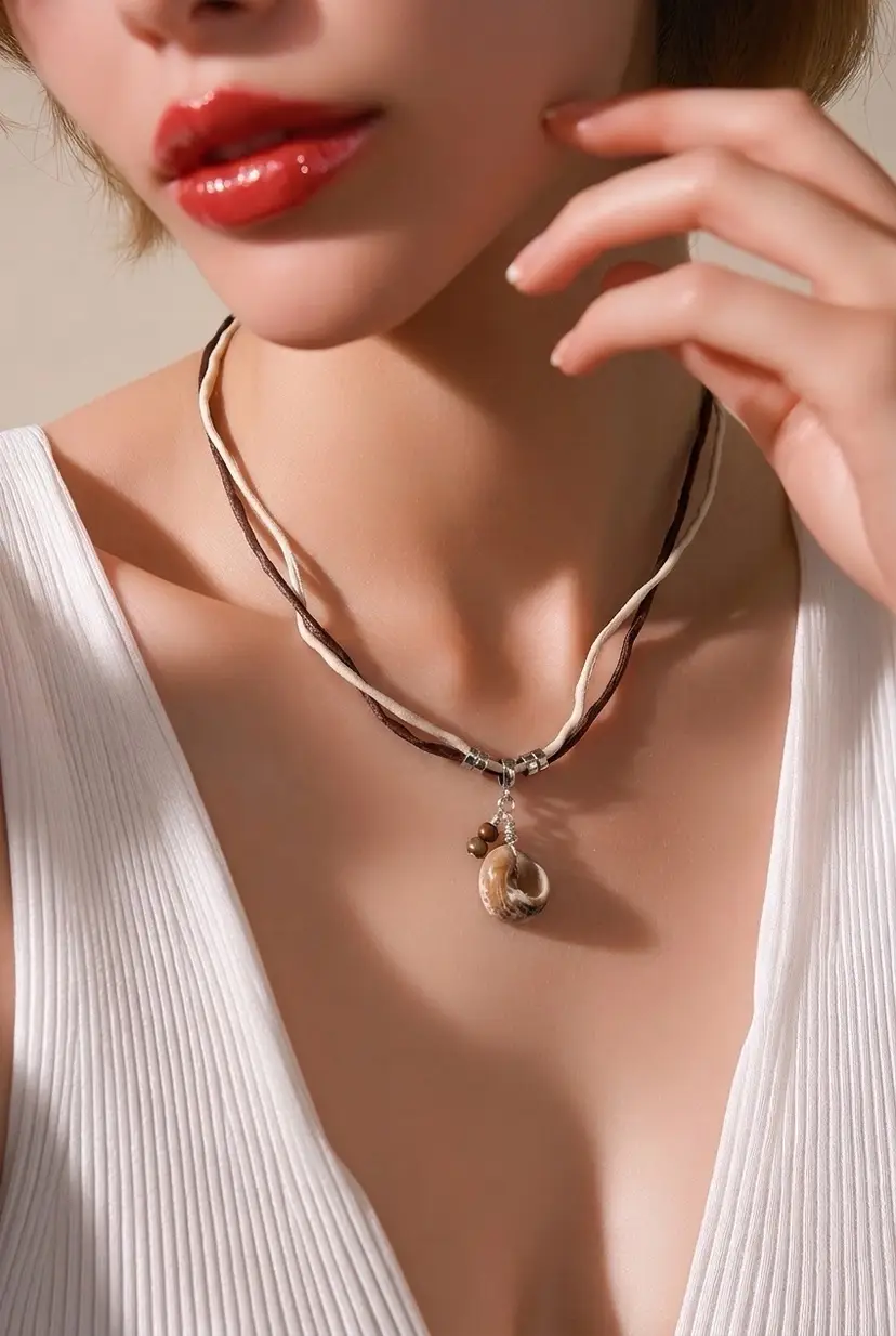 Sea Shell Pendant Necklace On Chocolate And Vanill Silk Cords