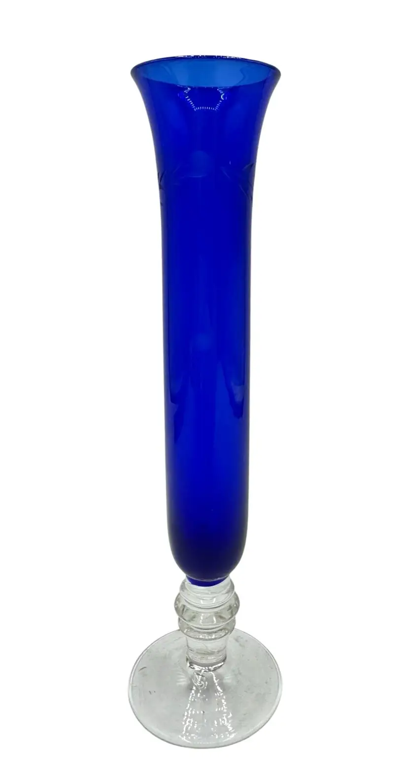 Vintage Etched Glass Bud Vase Cobalt Blue Floral 7.25”
