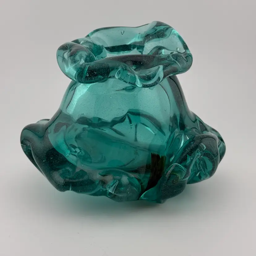 Vintage Teal Art Glass Vase Freeform Blown Glass Sculptural Ruffled Vase