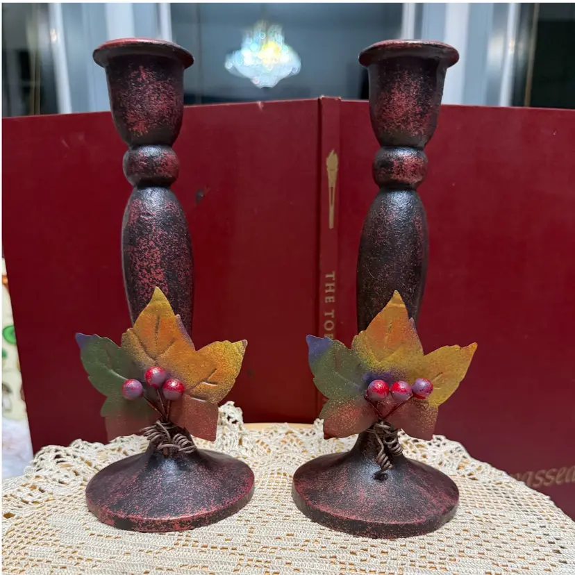 🐞Vtg Cast Iron Autumn Candle Holders 8x3.5”